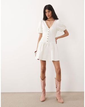 Miss Selfridge Puff Sleeve Denim Mini Dress - Natural