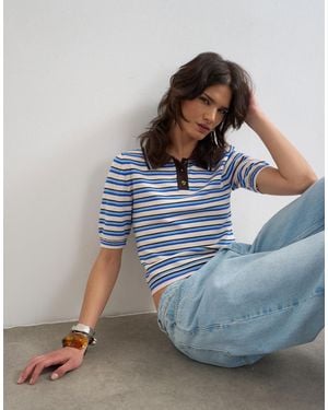 TOPSHOP Knitted Short Sleeve Fitted Stripe Polo Top - Blue