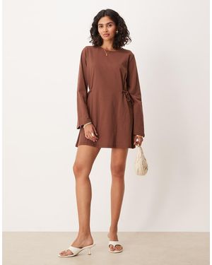 ASOS Tie Side Cinched Mini Dress With Long Sleeve - Brown