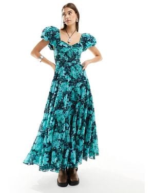 Free People Puff Sleeve Floral Print Tiered Midaxi Dress - Blue