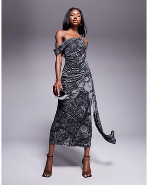 ASOS Mesh Asymmetric Off Shoulder Midi Dress With Hitched Drape Sash - Blue