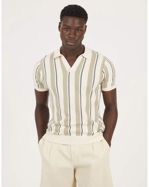 Brave Soul Striped Trophy Neck Knitted Polo Shirt - Natural