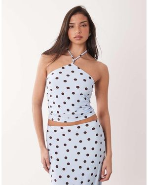 Forever New Top Met Halternek En Stippen - Blauw