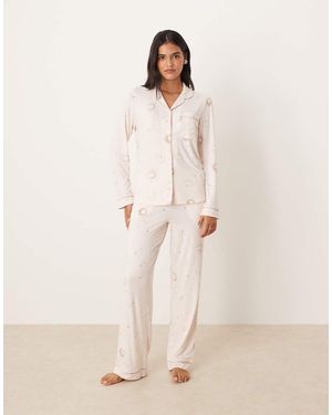 Chelsea Peers Poly Long Sleeve Revere Pyjama Set - Natural