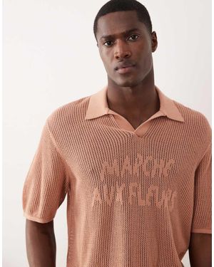 ASOS Relaxed Knitted Mesh Notch Neck Polo With Chest Graphic - Brown