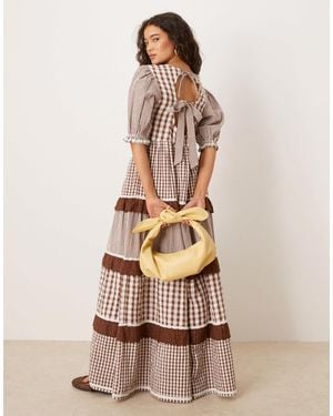 Neon Rose Gingham Ruffle Detail Puff Sleeve Smock Dress - Natural