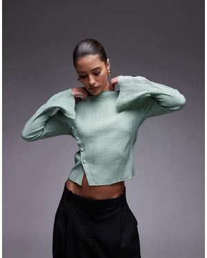 & Other Stories Textured Sheer Long Sleeve Top With Asymmetric Button Front - Grey