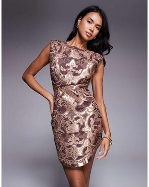 ASOS Structured Embroidered Curve Hem Mini Dress With Metallic Pu Applique - Brown