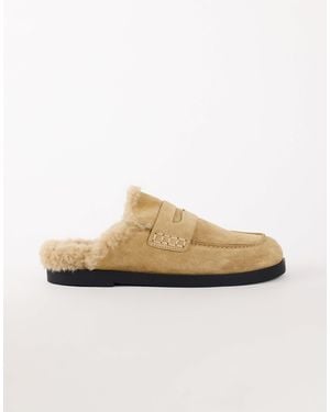TOPSHOP Addie loafer-mule aus echtem wildleder mit shearling - Weiß