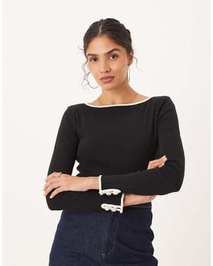 Mango 100% Cotton Contrast Tipping Long Sleeve Top - Black
