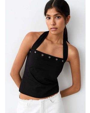 Mango Teen Knitted Halterneck Top With Studded Detail - Black