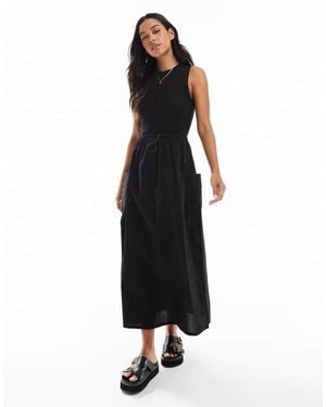 Threadbare High Neck Maxi Dress With Poplin Skirt And Waist Detail - Black