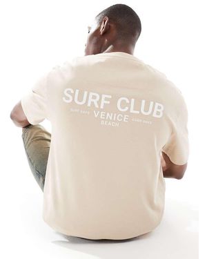 Threadbare T-Shirt Girocollo Color Pietra Con Stampa "Surf" Sulla Schiena - Neutro