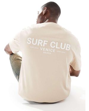 Threadbare Crew Neck T-shirt With Surf Back Print - Natural