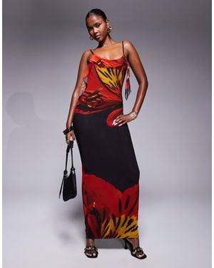 Kaiia Exclusive Double Laye Slinky Cami Ruffle Detail Cowl Back Maxi Dress - Red
