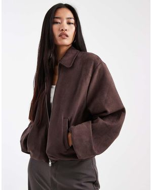 New Look Faux Suede Bubble Hem Bomber Jacket - Brown