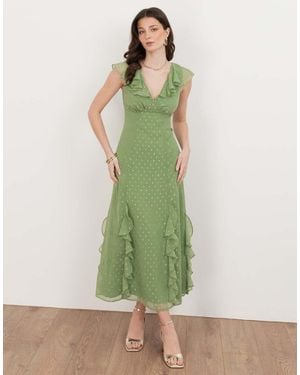 ANAYA V Neck Ruffle Midaxi Dress - Green