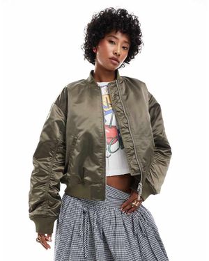 Monki Satin Bomber Jacket With Front Welt Pockets - Grey