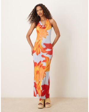ASOS Mesh Super Plunge Cowl Halter Dress With Blown Up Hibiscous Print - Orange