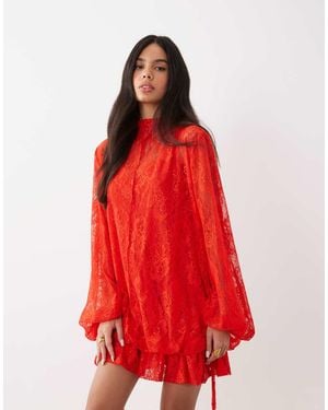 ASOS Kanten Mini-Jurk Met Blousonmouwen En Zoomdetail - Rood
