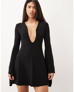 ASOS Slinky Flute Sleeve Flippy Mini Dress With Deep Plunge - Black