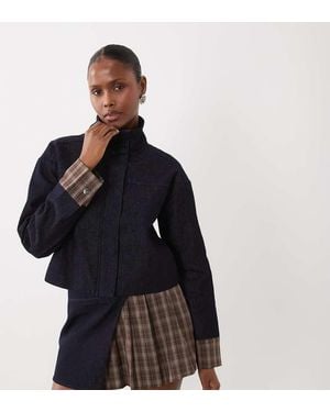 The Frolic Exclusive Denim Funnel Neck Check Contrast Sleeve Jacket Co-Ord - Blue
