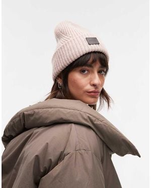 AllSaints Ribbed Leather Logo Beanie - Brown