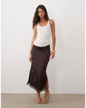 Vila Lace Trim Satin Midi Skirt - Natural