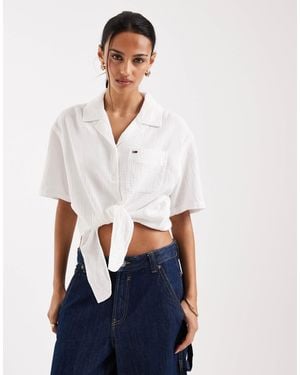 Tommy Hilfiger Textured Tie Front Short Sleeve Shirt - White