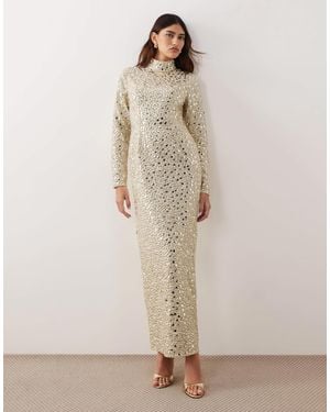 ARRANGE Textural Sequined High Neck Long Sleeve Maxi Dress - Natural