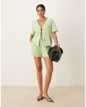 Jdy Short Sleeve Tie Front Cheesecloth Shirt Co-ord - Green