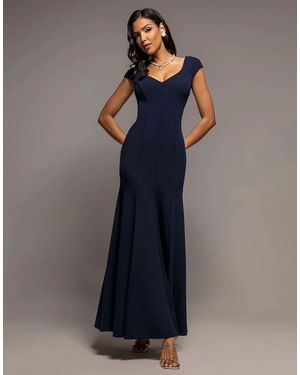 Goddiva Capped Sleeve V Neck Pleated Fit & Flare Maxi Dress - Blue
