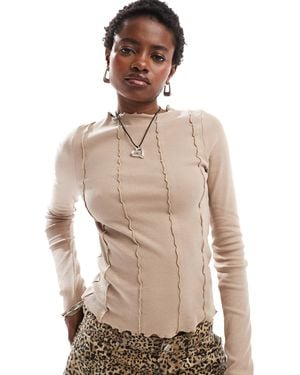 Noisy May Lettuce Edge Long Sleeve Top With Seam Detail - Natural