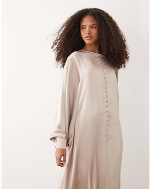 Iyal Satin Balloon Sleeve Button Detail Floaty Maxi Dress - Natural