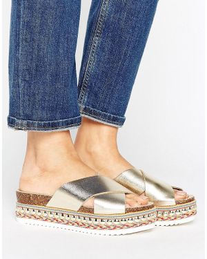 Carvela Kurt Geiger Kake Gold Leather Espadrille Flatform Slide Sandals - Metallic