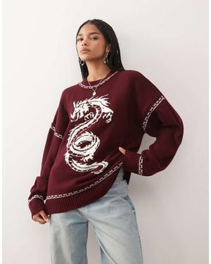 Collusion Maglione Bordeaux Con Grafica Con Drago - Rosso