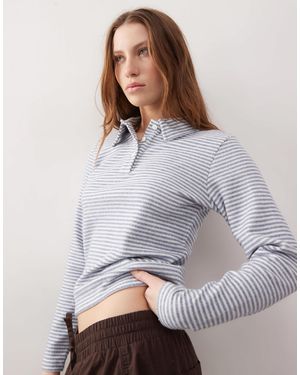 Collusion Fluffy Striped Fitted Long Sleeve Polo - Gray