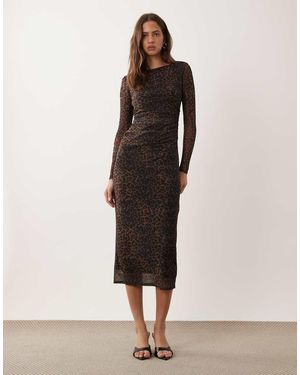 New Look Ruched Mesh Midi Dress - Brown