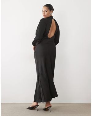 Vila Curve Hochgeschlossenes langärmliges satin-maxikleid - Schwarz