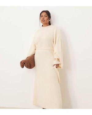 Pretty Lavish Curve Fluffy Tie Waist Knitted Midaxi Jumper Dress - Natural