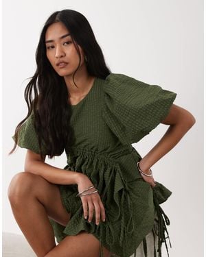 Ghospell Ruched Asymmetric Hem Floaty Top Co-Ord - Green