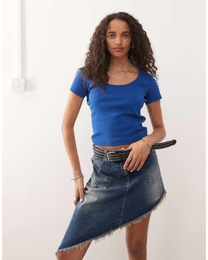 Collusion Ribbed Short Sleeve Square Neck Top - Blue