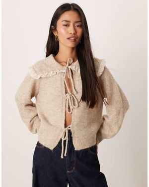 Glamorous Tie Front Ruffle Collar Cardigan - Natural