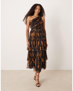 ANAYA Floral One Shoulder Tiered Midi Dress - Natural