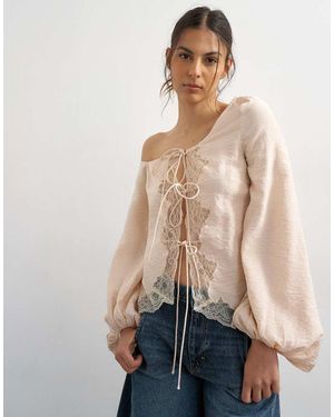 TOPSHOP Blouse Met Blote Schouders, Strikdetail En Kanten Rand - Groen