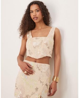 ASOS Embroidered & Sequin Co Ord Top - Natural
