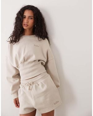 Kaiia Cotton Rich Extreme Oversized Sleeve Cinched Waist Sweatshirt Co-ord - Natural