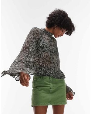 Mango Flute Sleeve Printed Blouse - Black