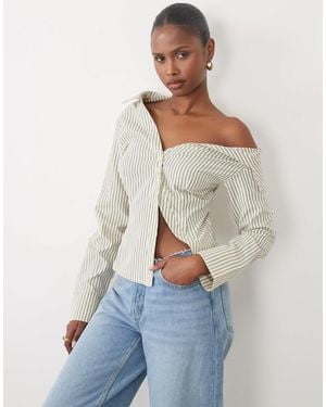 The Frolic Exclusive Asymmetric Off Shoulder Detail Split Front Flare Sleeve Shirt - Blue