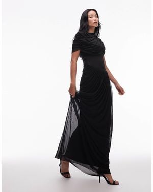 HEIRESS BEVERLY HILLS Mesh Overlay Drape Detail Asymmetric Drop Waist Maxi Dress - Black